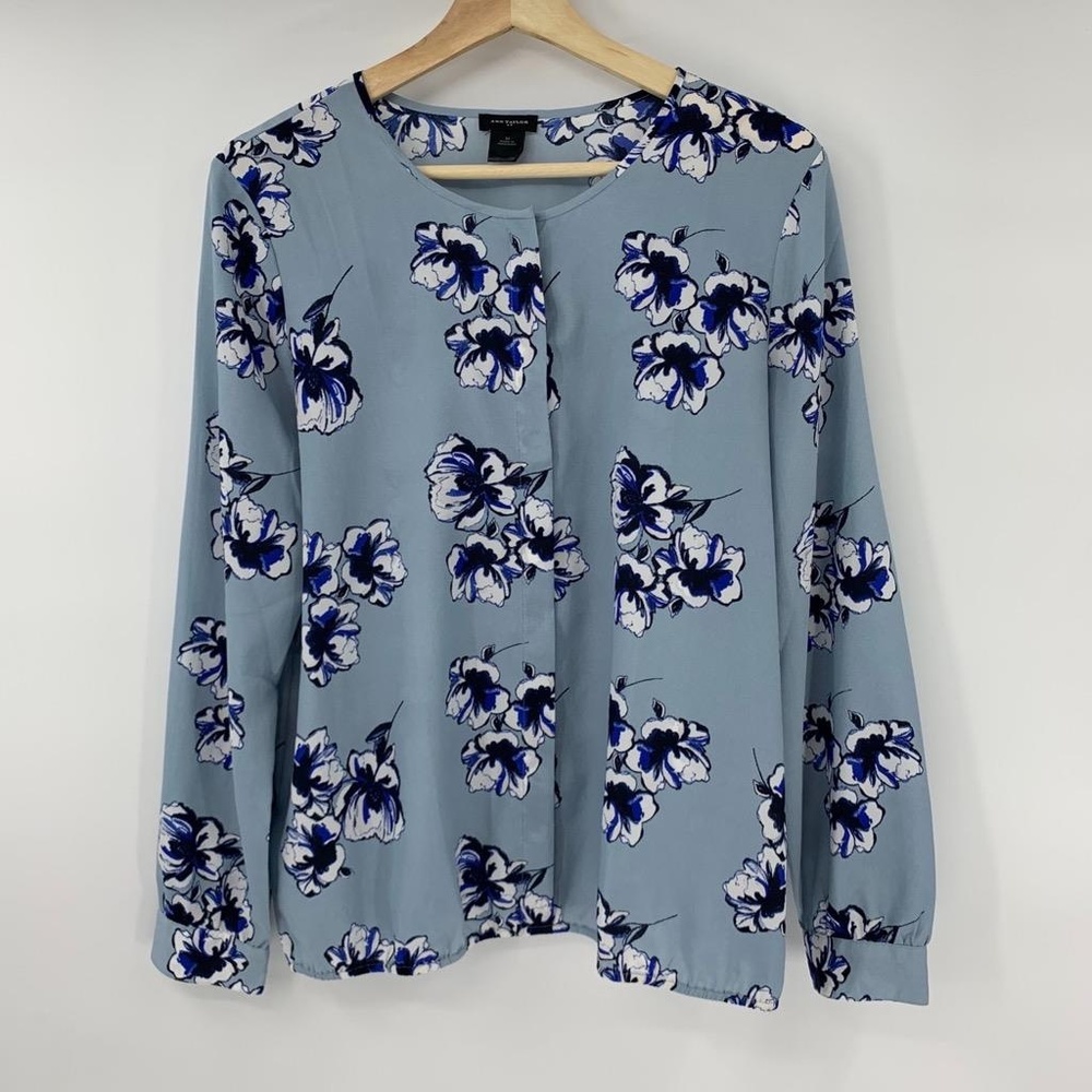 Ann Taylor Blouse Blue Floral Long Sleeve Shirt - Picture 1 of 6